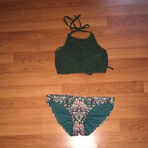 Green Halter Bikini Top with Floral Bottoms